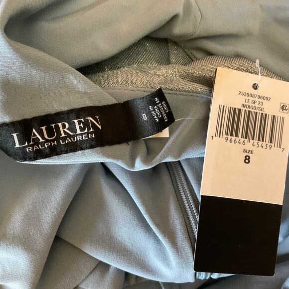 Ralph Lauren A-Line Cocktail Dress Size 8 Metallic Silver Blue Sleeveless Midi - Picture 7 of 10